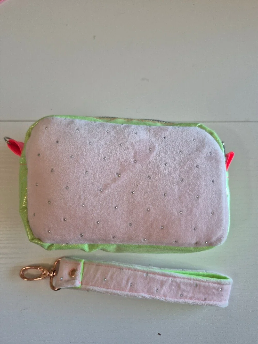 Whimsical Green & pink witches glitter wristlet or clutch